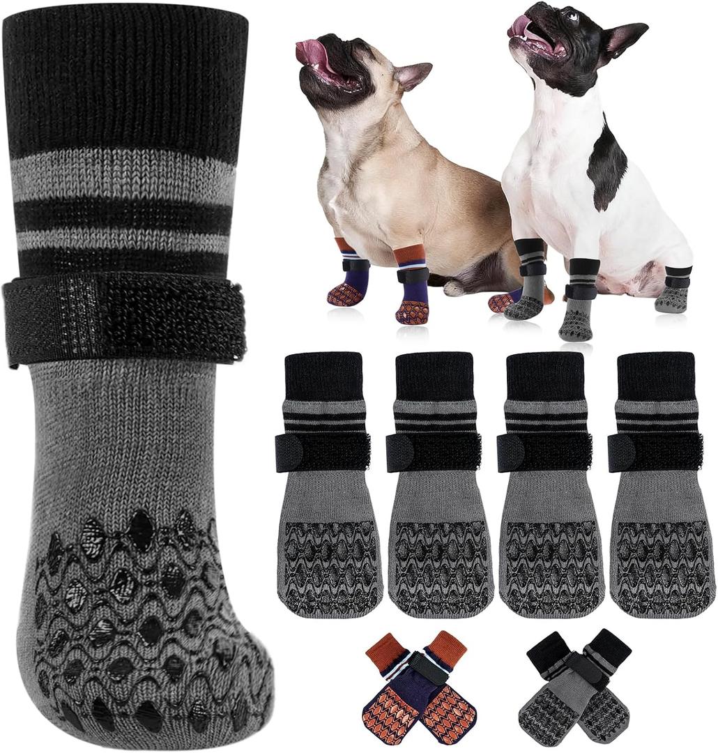 Kuoser Non Slip Dog Socks for Hardwood Floors, 4Pack Anti-Slip Dog Grippy Socks to Prevent Licking Paws, Dogs Booties Paw Protectors with Double-Sided Traction for Medium Dogs, Gray M (M(Length: 6.3"))