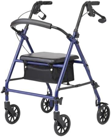 Medline Rollator Walker with Seat, Steel Rolling Walker with 6-inch Wheels Supports up to 350 lbs, Medical Walker, Blue