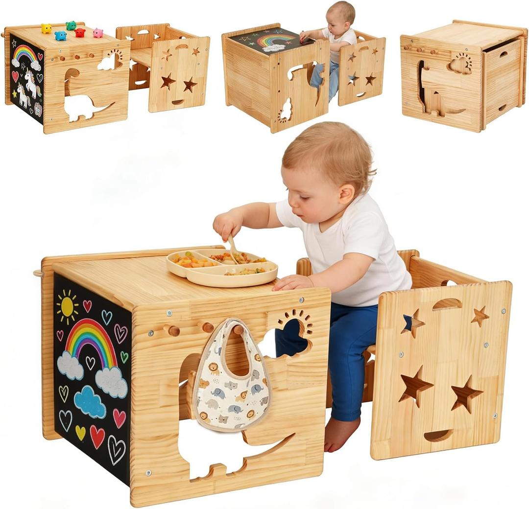 Montessori Weaning Table and Chair Set, 1-3 Year Old Kids Table and Chairs with Blackboard, Wooden Toddler Table and Chair Set Storage Hooks, Puzzle Storage Boards, for Dining, Sketching, and Reading