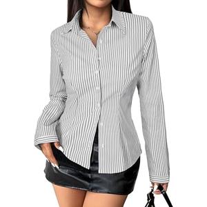 Gleeivy Striped Button Down Shirts for Women Dress Shirt Slim Fit Long Sleeve Casual Collared Work Blouse Y2K Fall Outfits L