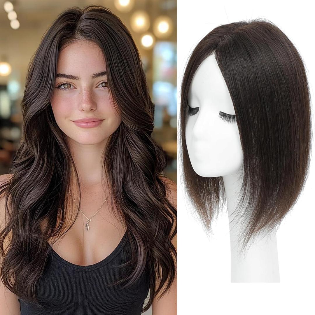 SARO-UP Hair Toppers for Women Real Human Hair Toppers for Women with Thinning Hair 4x4.5 inch Larger Mono Base 150% Density HairPieces Add Volume 12Inch (Dark Brown)