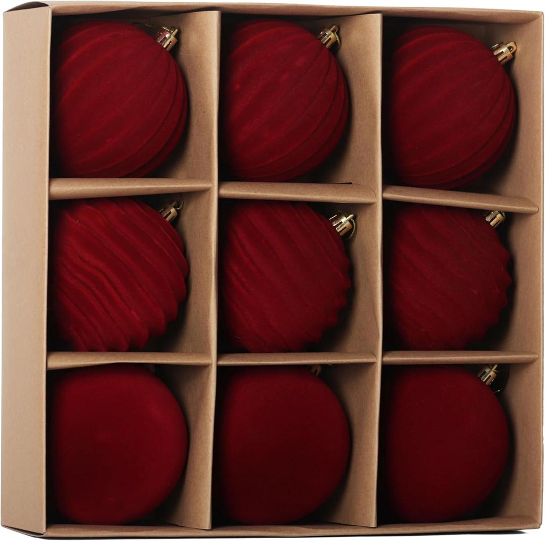 Senjie 3.94 inch Burgundy Velvet Christmas Ornaments Balls Flocked Christmas Tree 9PCS Plastic Balls Xmas Hanging Ornaments Decoration Red