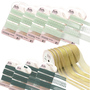 Bundle of Metallic Gold Silk Satin Ribbon, 4 Widths, 18 Yards by Gwen Studios and Multi Color Gwen Studios 1" and 5/8" Mint Green Crochet Style Lace Trim, 18 Yards