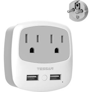 TESSAN Germany France Power Adapter, Type E F Plug Adaptor with 2 USB Ports 2 AC Outlets, US to European Europe German French Spain Greece Iceland Norway Russia Korea Poland