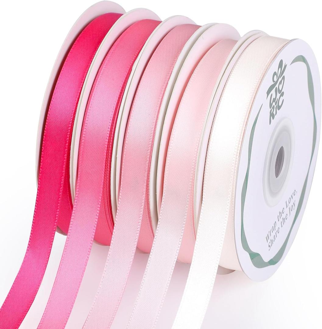 Double Faced Pink Satin Ribbon 3/8 Inch x 5 Rolls Total 50 Yards, 10 Yd/Roll Craft Thin Ribbon for Easter Gifts Decorations Flower Bouquet Gift Wrapping Hair Bows Baby Bridal Shower Wedding