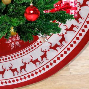 Christmas Tree Skirt 48 inch Tree Skirt Large Snowflake Reindeer Red Xmas Tree Skirt Rustic Christmas Decorations for Winter New Year Holiday Party Decor Indoor Outdoor (48in Large)