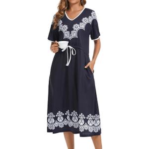 Lerliacr Women's Printed Nightgown, V-Neck Short Sleeve Midi Sleep Dress with Pockets, Loose Fit Comfortable Loungewear (Black, XXL)