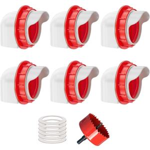 Chicken Feeders No Waste, DIY Automatic Poultry Feeder 6 Ports 1 Hole Saw with Covers Gravity Feed Kit for Buckets Barrels Bins Troughs (Red)