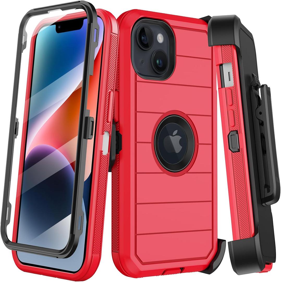 for iPhone 14 Plus Case with Belt Clip Holster,Built-in Screen Protector,Heavy Duty Shockproof Drop Protection Military Grade Rugged Phone Cover with Kickstand for Apple 14 Plus (Red)