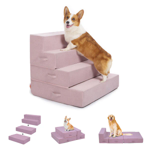 Multi-Function Pet Steps for Small & Medium Dogs, Extra-Wide (28") for Stability, Adjustable Heights for High Beds & Sofas, High-Density Foam, DIY into Various Dog Bed Sizes, 4 Steps, Warm Pink