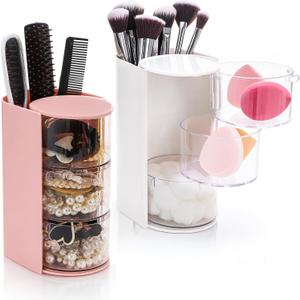 Eorbow 2 Pack Hair Brush Holders, 3-layer Rotatable Hair Tie Organizer, Clear Acrylic Hair Accessories Storage Box for Girls, Bathroom Makeup Container Case for Headband Bow Clip Cotton Swab