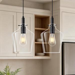 2 Pack Kitchen Island Pendant Lights, 8" Clear Glass Shade Black Modern Farmhouse Industrial Pendant Light Fixtures, Adjustable Hanging Ceiling Lamp for Dining Room Bedroom Living Room
