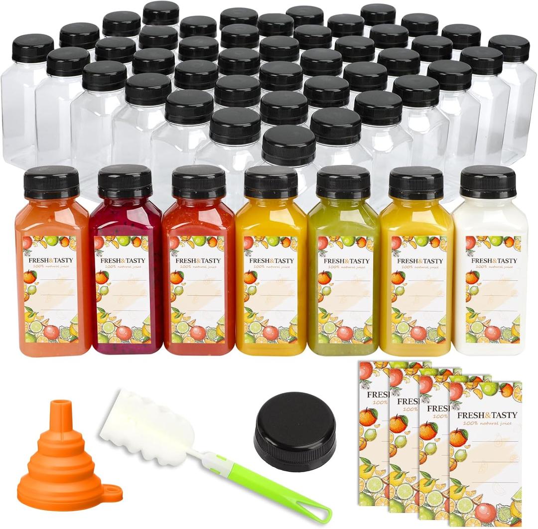 TOMNK 100pcs 8oz Empty Plastic Juice Bottles with Caps, Reusable Clear Bulk Beverage Containers with Label, Funnel and Brush for Juicing, Milk, Smoothie, Drinking, Beverages