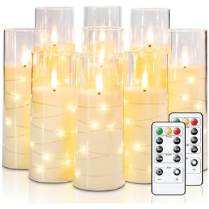 Raycare Flameless LED Candles with Embedded Star String, 9 Pcs Battery Operated Acrylic Pillar Candles with Timer and Remote, Flickering for Romantic Ambiance and Home Decoration (White)