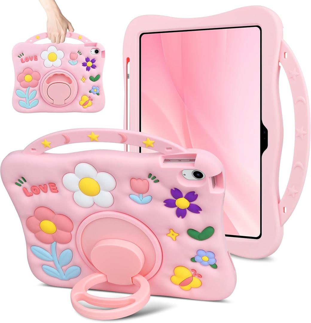 for iPad (A16) 11th Generation Case 11 Inch 2025 for iPad 10th Generation Case for Kids Girls 10.9 Inch Soft Silicone Flower Shockproof Protective Cover with Pencil Holder Handle Kickstand, Pink