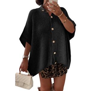 Saodimallsu Womens Oversized Cardigan Sweaters Short Sleeve Button Down Casual Lightweight Loose Knit Trendy Cardigans (Black)