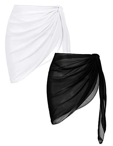 Ekouaer 2 Pieces Women Beach Sarongs Sheer Cover Ups Chiffon Bikini Wrap Skirt for Swimwear (Black/White, Large)