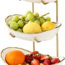Fruit Bowl for Kitchen Counter - 3 Tier Ceramic Serving Bowls with Metal Stand, Tiered Fruit Basket for Fruit Vegetable Storage, Snack, Nuts, Cake, Dessert, Small & Cute (Gold-Rimmed)