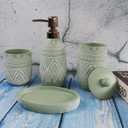 Hymmah Green Bathroom Accessories Set,Farmhouse Bathroom Decor,4 Pcs Resin Gift Set Apartment Necessities, Contain Cotton Swab Jar,Soap Dispenser,TumblerSoap Dish/Tray