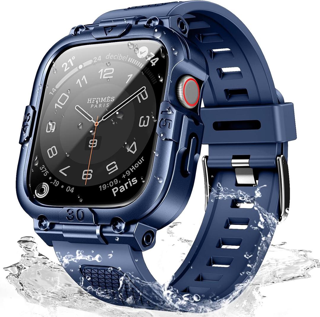 Mosonio Sport Rugged Case with Band for Apple Watch Band, Light TPU Bands with Cover and Screen Protectors for Men, Waterproof Strap for iwatch Series 11 10 9 8 7 6 5 4 SE (Blue), Size: 42mm (Series 11 10)