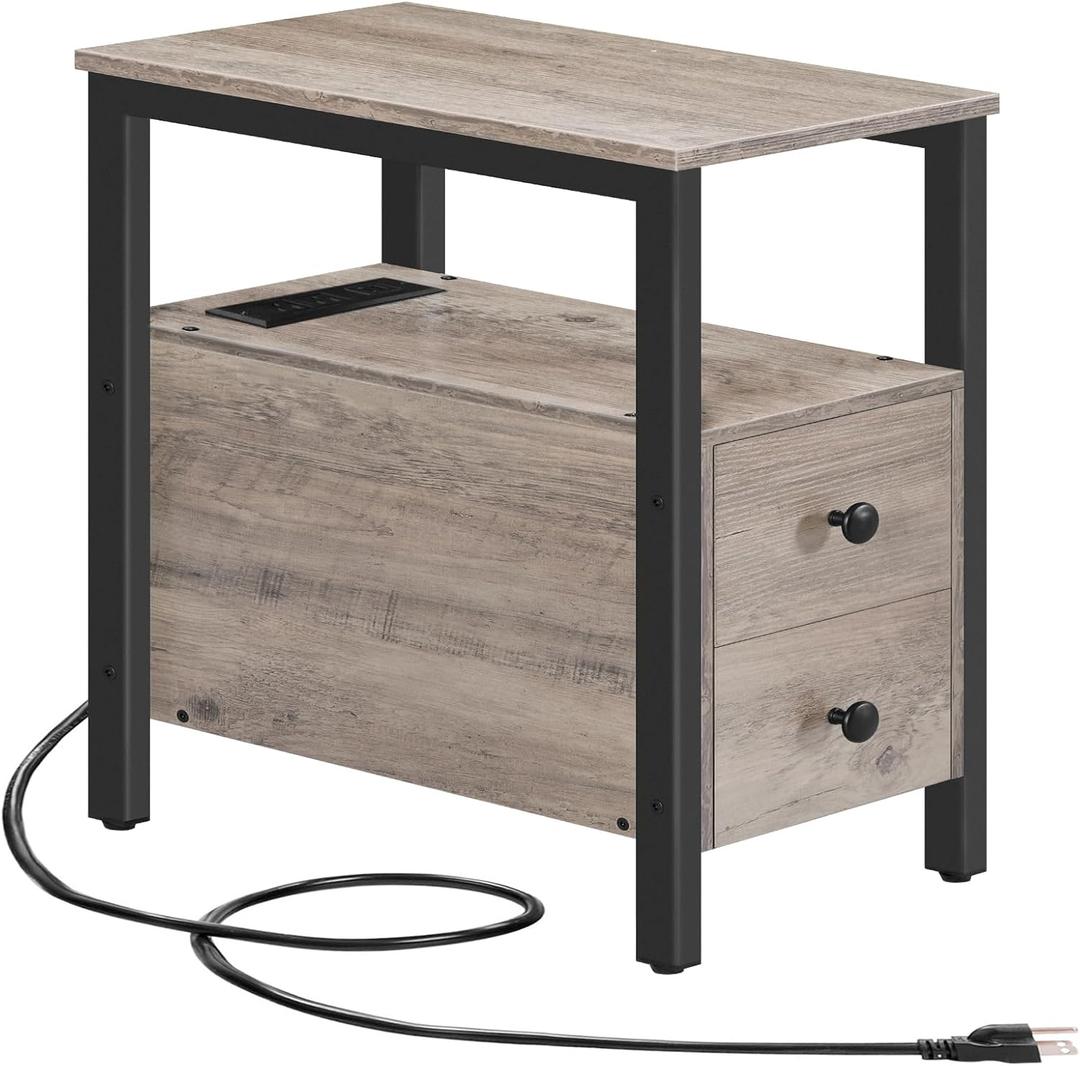 HOOBRO End Table with Charging Station, Narrow Side Table with 2 Drawers & USB Ports & Power Outlets, Nightstand for Small Spaces, Bedroom, Living Room, Stable and Sturdy, Greige and Black BG541BZ01, 11.8l X 18.9w X 24h