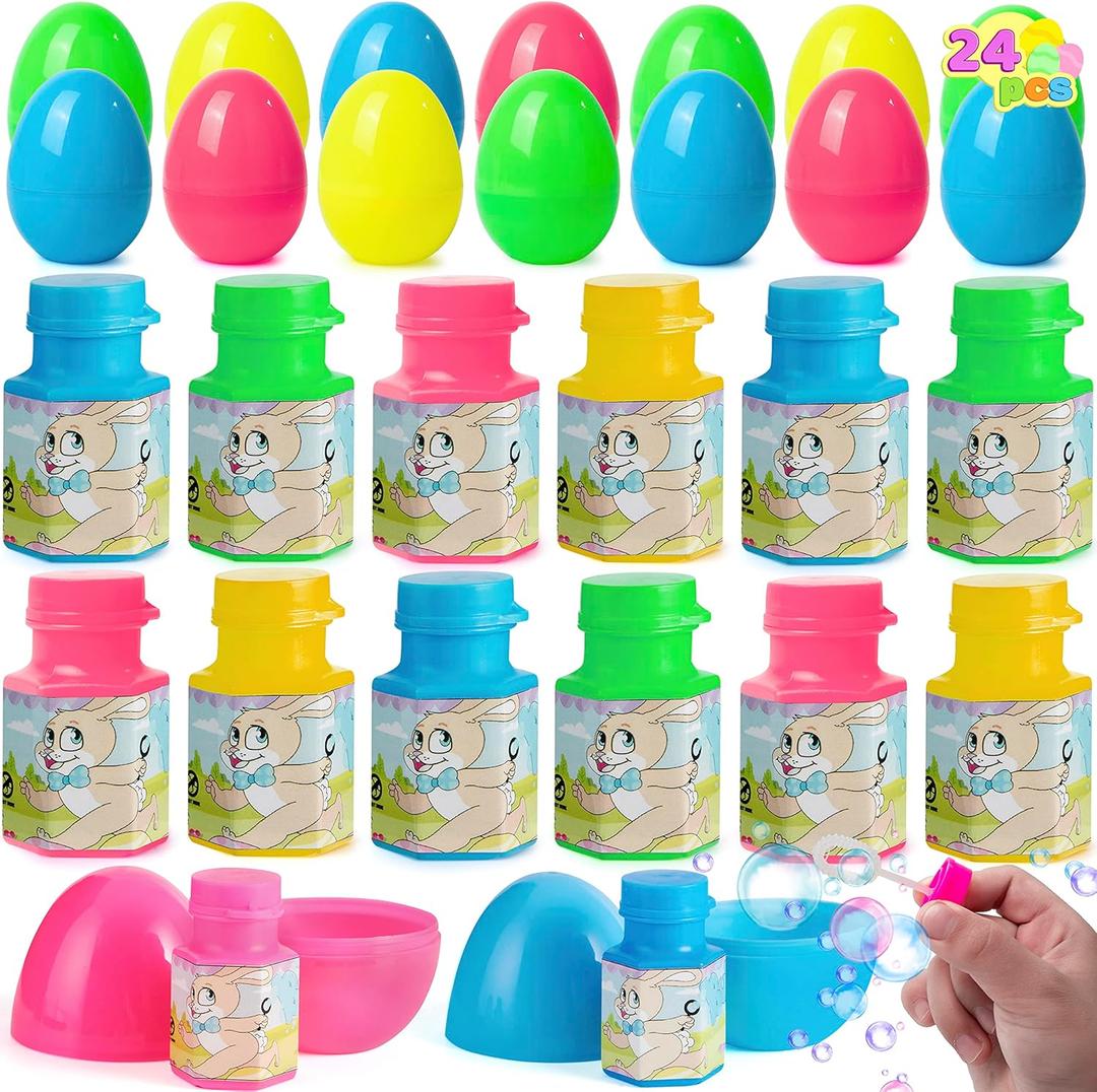 JOYIN 24 Pcs Prefilled Easter Eggs Bubble Wands for Kids Party Favors, Basket Stuffers, Toys Inside for Children Fun, Easter Decorations, Egg Hunt Game, Classroom Prize Supplies Gifts Dcor