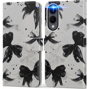 DEENAKIN for Samsung Galaxy S25 Edge Wallet Case with Card Holder + Cash Clip, RFID-Blocking, Military-Grade Protection & UV-Printed Artwork, Magnetic Closure with Leather Kickstand - Ink-Black Bow