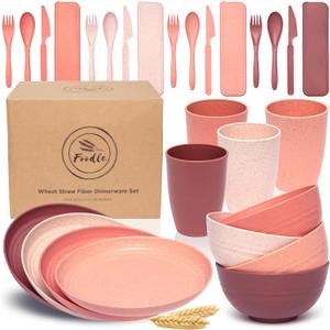 FOODLE Wheat Straw Dinnerware Set - BPA Free & Safety Tested - Unbreakable, Microwave & Dishwasher Safe Dishes - Toddler & Kids Plates and Bowls Sets - College Dorm Room Essentials for Girls - For 4 (Pink)