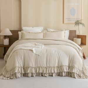 Masaca Farmhouse King Size Comforter Set,Shabby Boho Chic Bedding Ruffled King Bed Comforter Vintage Rustic French Country Bedding Sets 3 Pieces (1 Ruffle Comforter and 2 Pillowcases) (Wheat)
