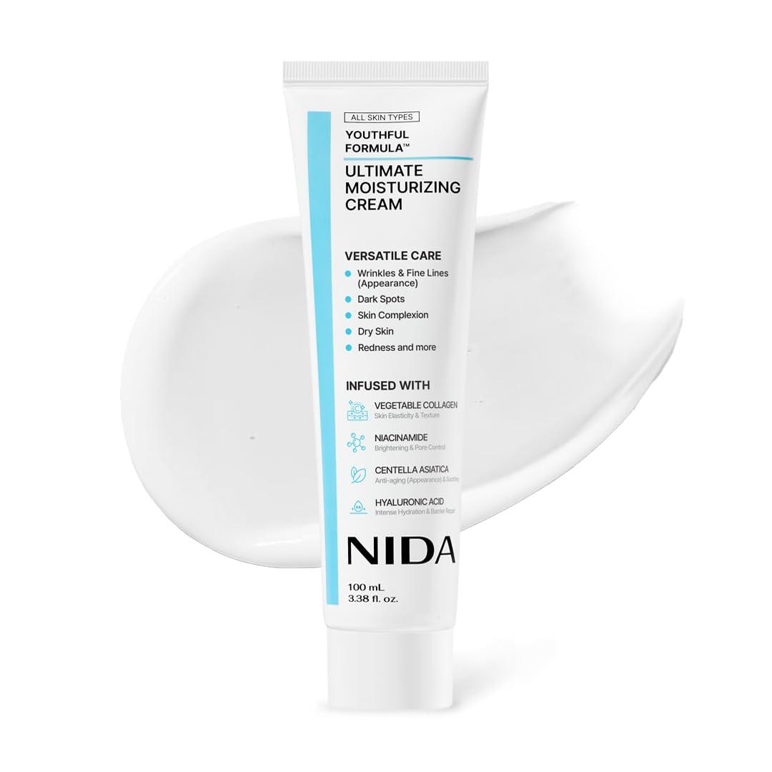 NIDA Youthful Formula Ultimate Moisturizing Cream | Centella Asiatica, Niacinamide, Hyaluronic Acid, Collagen | Wrinkles, Fine Lines, Dark Spots, Dry Skin, Redness | 3.38 fl. oz., 100ml (New Formula)