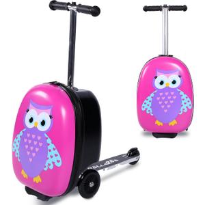 Owl Kids Scooter Suitcase - Folding Kids Luggage with Wheels - Multifunctional Ride on Luggage Travel suitcase with Strong Grip, Easy Locks and Zippers  Capacity to Hold 110LB