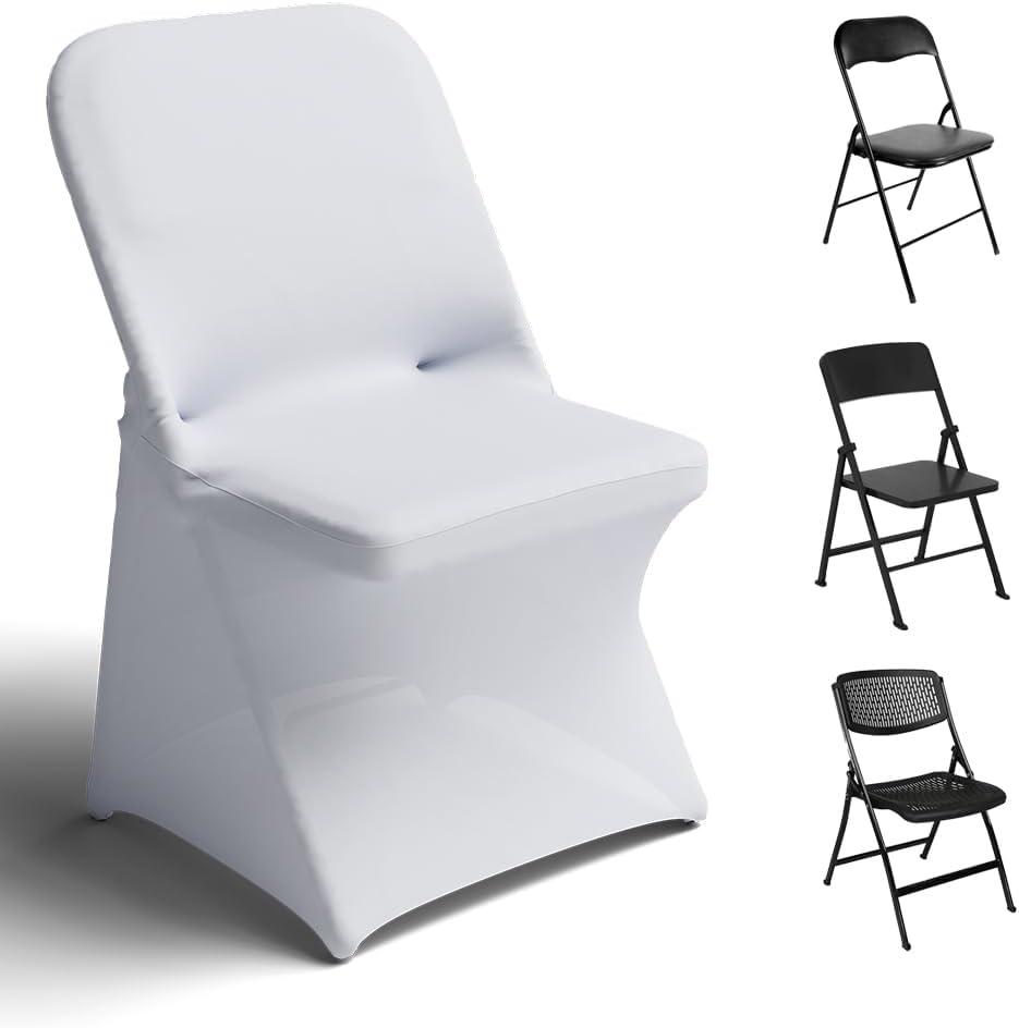 Trlyc Spandex Folding Chair Covers 30 Pcs Universal Fitted Stretchy Dining Chair Slipcovers for Wedding Party Banquet Flat-Front Chair Cover (White)