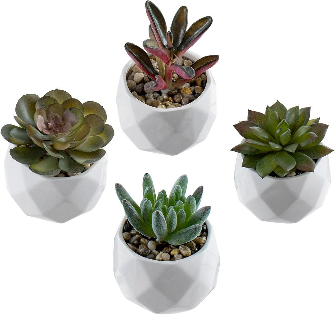 MyGift Miniature Artificial Succulents, Indoor Fake House Plants in Round White Geometric Ceramic Pots, Set of 4