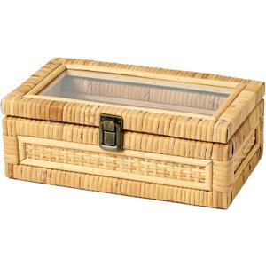 Rattan Box with Clear Lid Wooden Frame Decorative Handmade Boho Woven Rattan Wicker Baskets Cane Bins Keepsake Memory Jewelry Boxes Desk Shelf Closet Organizer Container (Natural, Small)