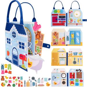 Busy Book for Toddlers - Montessori Sensory Toys for Boys & Girls Preschool Learning, 8-Page Felt Quiet Activity Board for Fine Motor Skills, Travel Toys for Airplane Car Games (House Theme)