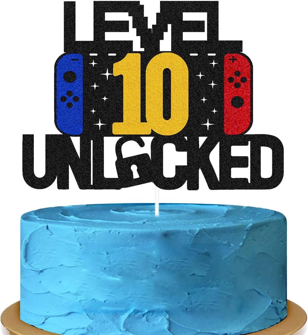 3 x Level 10th Unlocked Sign Cake Topper Happy 10th Birthday Level Up Tenth Cake Decorations for Video Game Controller Themed Boy Girl Bday Party Supplies Double Sided