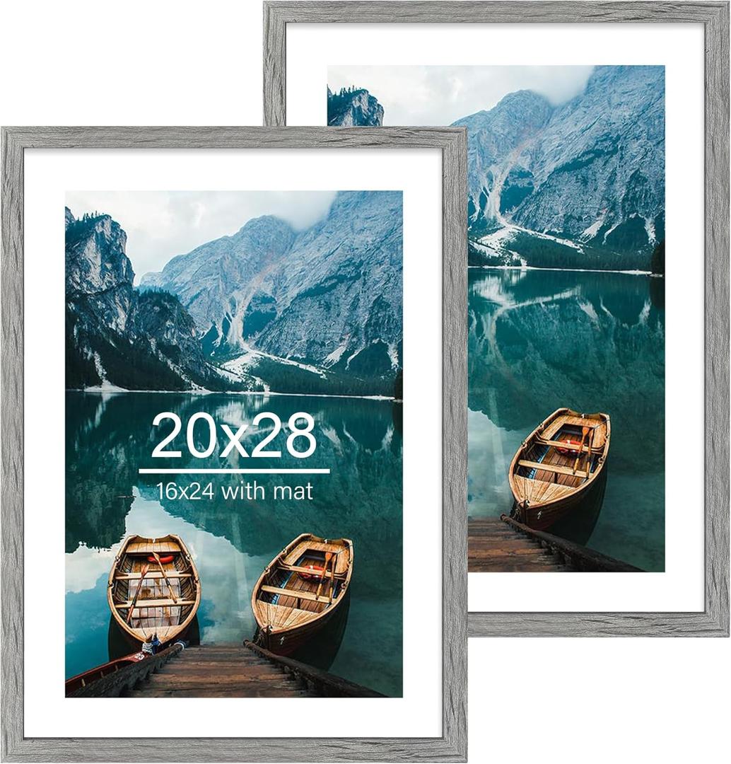 20x28 Picture Frame Set of 2, Rustic Grey Wood Style - Display 16x24 Picture with Mat or 20 x 28 Poster without Mat, Wall Mounting Horizontal and Vertical