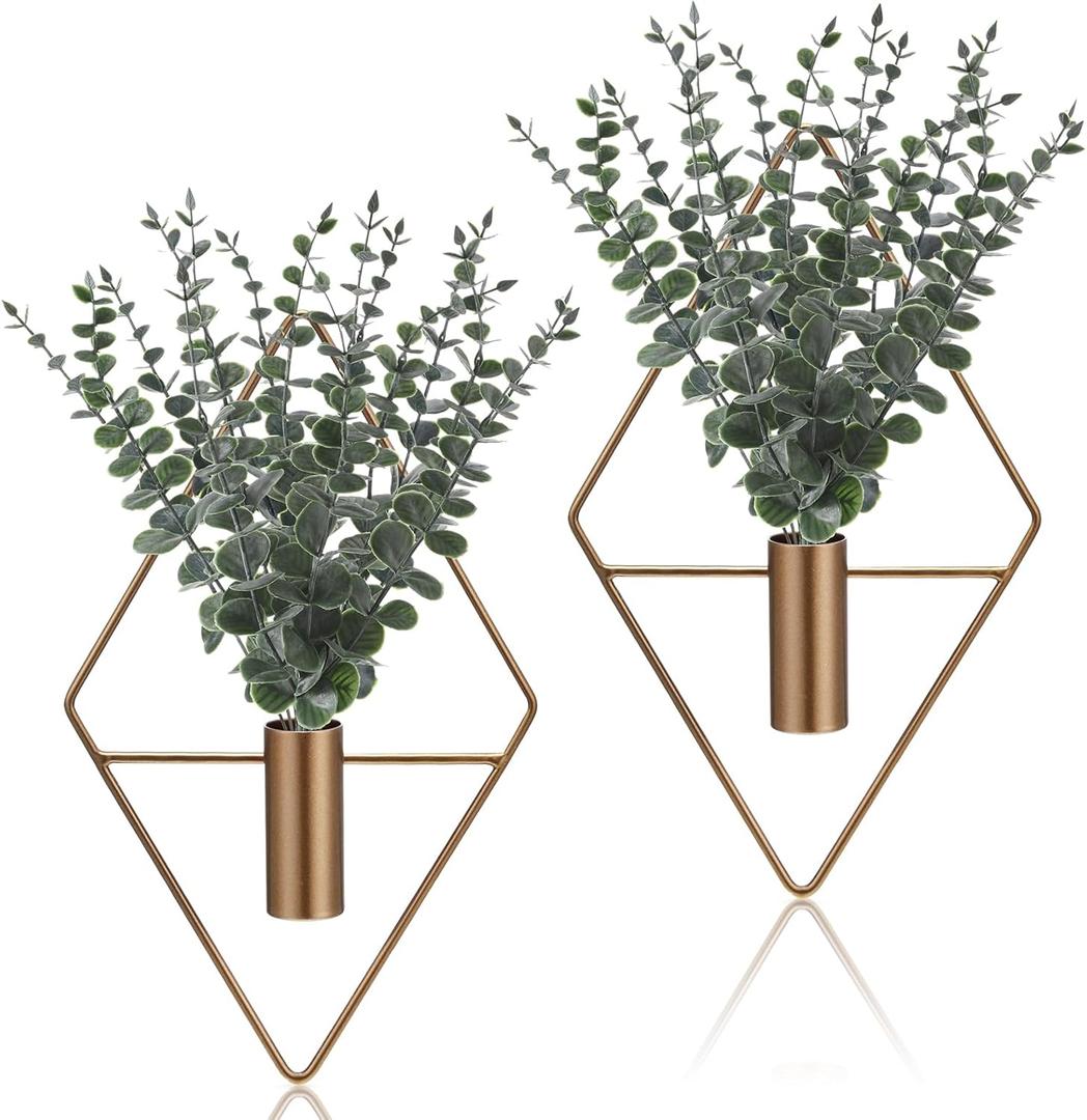 Jexine 4 Pcs Hanging Planters with Artificial Eucalyptus Metal Hanging Vase Indoor Plants Holder Modern Geometric Boho Bathroom Wall Decor for Living Room Home Office (Eucalyptus,Bronze)