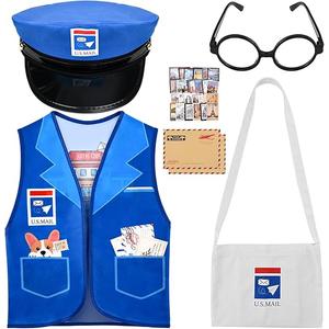 Honic Mailman Costume Set Including Blue Vest Canvas Bag Envelopes Carrier Hat Glasses for Halloween Postman Cosplay Supplies