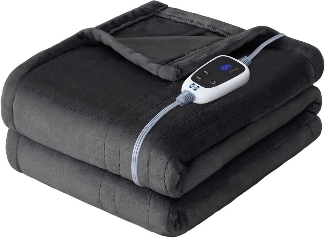 Sealy Heated Blanket Throw, Flannel Electric Blanket with 6 Heating Settings & 2-10 Hours Auto Shut Off, Fast Heating & ETL Certification, 50x60 Inch, Dark Grey