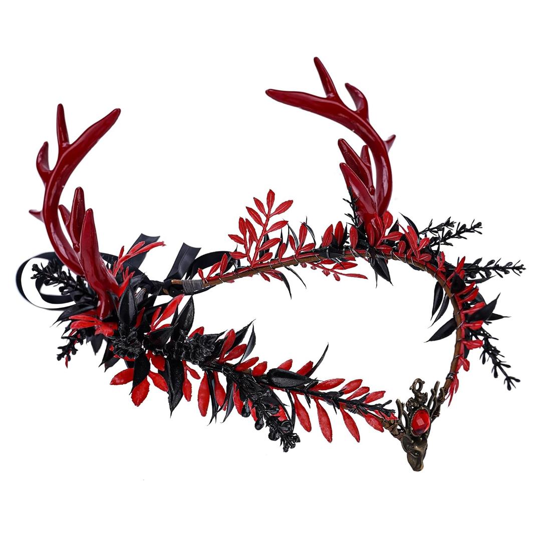 MOSTORY Gothic Elf Antler Crown - Black Deer Horns Headband Red Fairy Heapiece Dark Elven Circlet for Renaissance Fair Costume Women Goth Wedding Halloween Cosplay