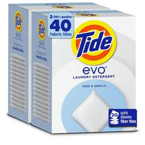 Tide evo Laundry Detergent Free & Gentle Works on 100% of Common Stains Concentrated Travel Detergent HE Compatible and Instant Dissolve Fights Stains Better than Leading Detergent Sheet, 40 Count