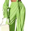 Casual Sexy 2 Piece Outfit for Women Dressy Linen Long Sleeve V Neck Top Y2K Flare Pleated Wide Leg Pants Sets Beach Vacation (XX-Large, Green)