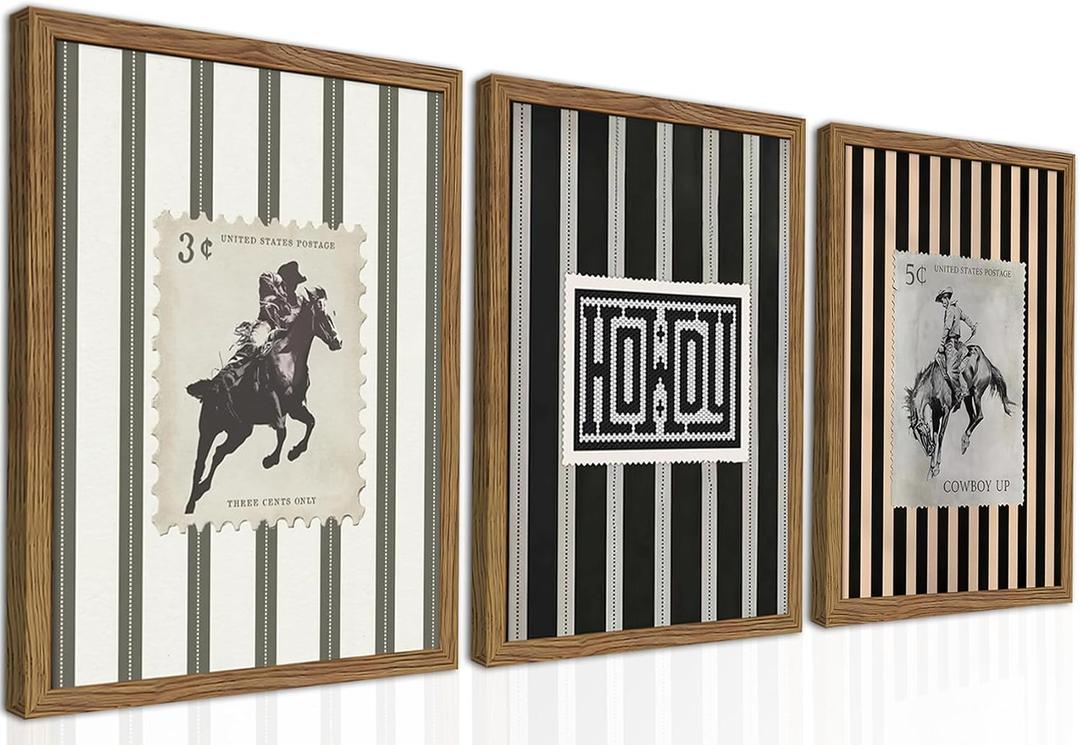 Framed Vintage Western Cowboy Wall Art Set of 3, Retro Cowboy Stamp and Stripe Prints, Classic Mid Century Riding Canvas Artwork, Rural Western Wall Decor for Living Room Bedroom Office 16x24in