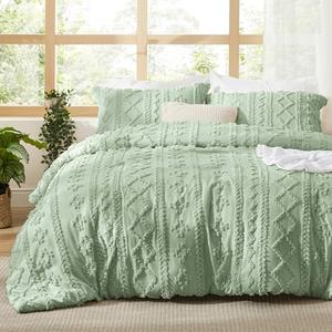 Bedsure Tufted Boho Comforter Set Twin Size - Sage Green Boho Bed Set, GentleSoft™ 2 Pieces Farmhouse Shabby Chic Embroidery Bedding, Gifts for Woman, Soft Jacquard Twin Comforter for All Seasons