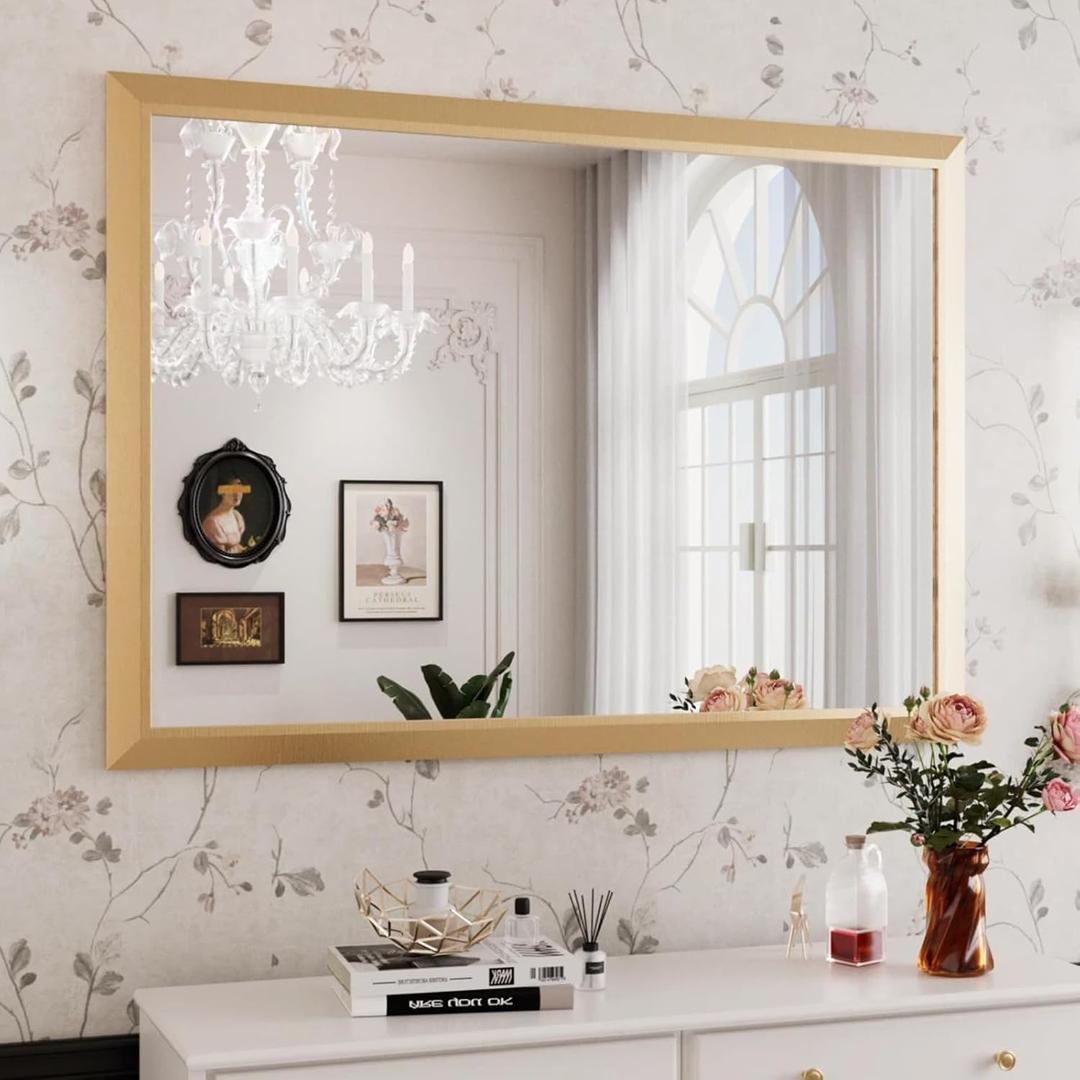 Bathroom Mirror for Wall, 50 X36 Inch (Brushed Gold Frame) | Thick Metal Framed, HD Reflection, Anti-Rust, Hang Horizontally/Vertically, Suitable for Bathroom, Farmhouse, Entryway