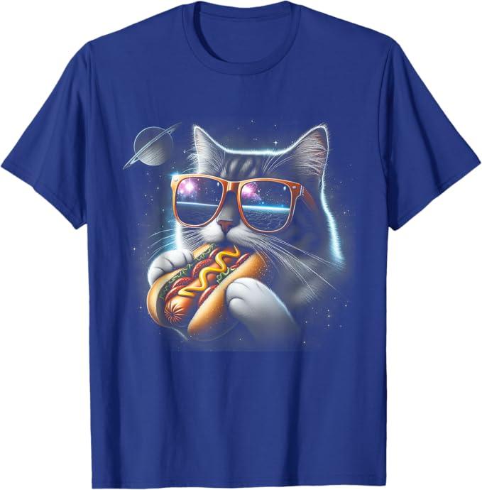 Cat Eating Funny Hot-Dog in Space Kit-Ty Gal-Axy Mens Womens T-Shirt L, Royal Blue