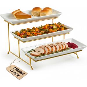 LAUCHUH Large 3 Tier Serving Stand Tiered Serving Trays Collapsible Sturdier Rack with 3 Porcelain Serving Platters for Fruit Dessert Presentation Thanksgiving Christmas Party Display Set, 14 Inch (Gold)