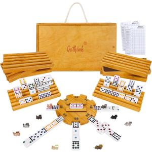 GOTHINK Mexican Train Dominoes Set, Double 12 Dominos Set for Kids Adults and Family, Dominoes Tile Board Game with Tiles Holders*8, Colorful Metal Trains*9, Wooden Hub, Scoreboards*2, Wooden Case