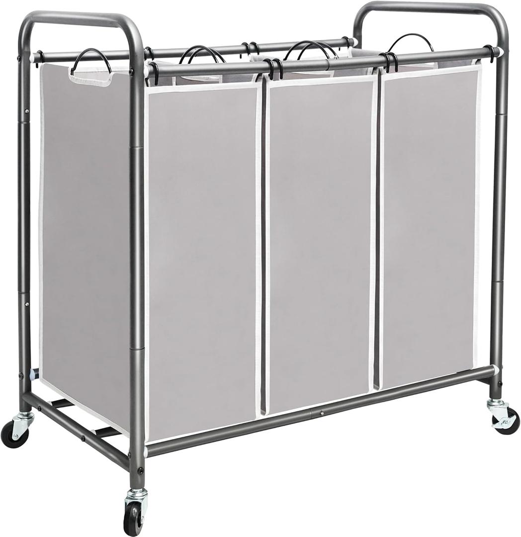 STORAGE MANIAC Laundry Sorter 3 Section with Rolling Lockable Casters, Laundry Hamper Cart for Clothes Storage, Gray